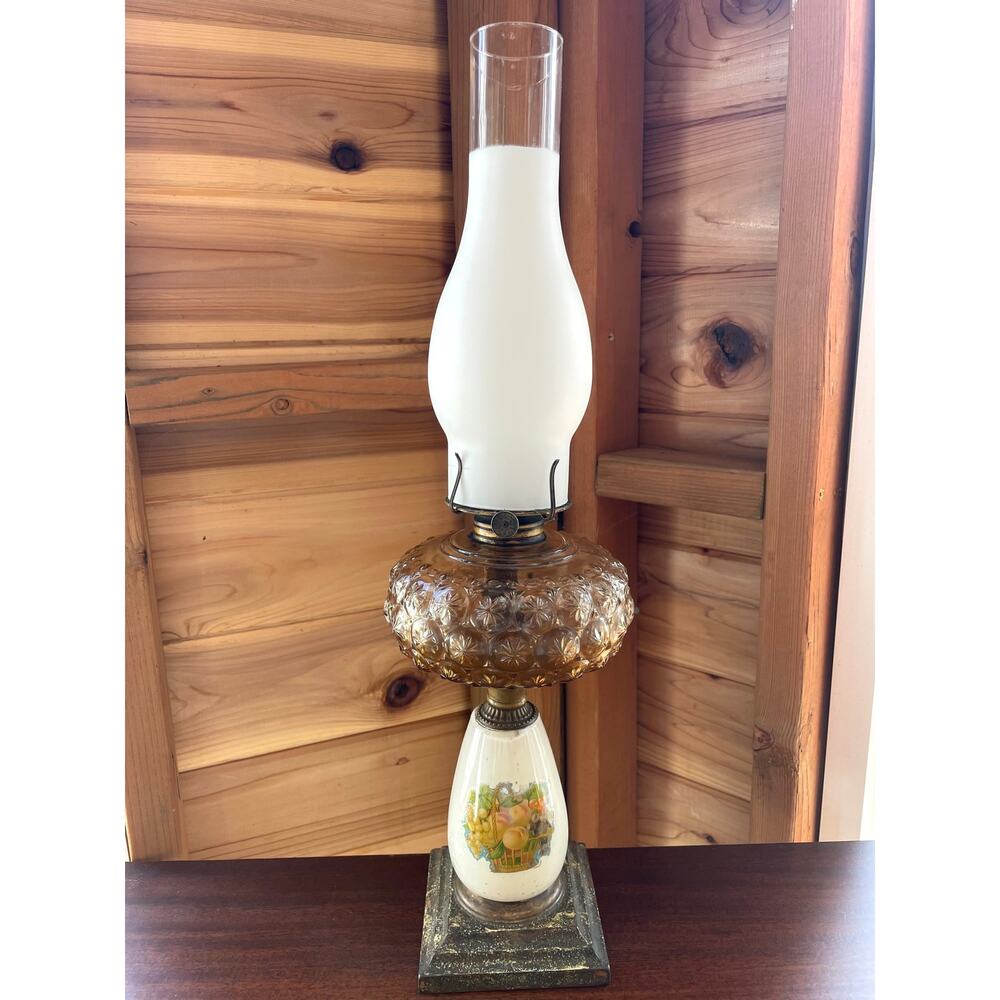 Antique Eagle Oil Lamp with Amber Glass and Fruit Motif
